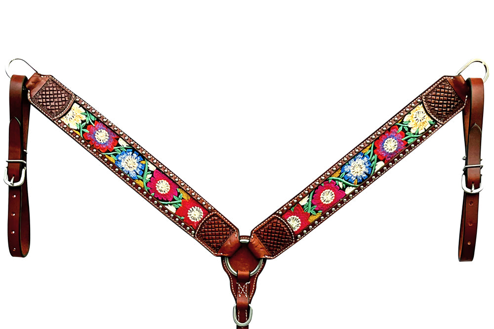 Bar H Equine Horse Genuine Leather embroidery design Breast Collar ,Headstall Brown