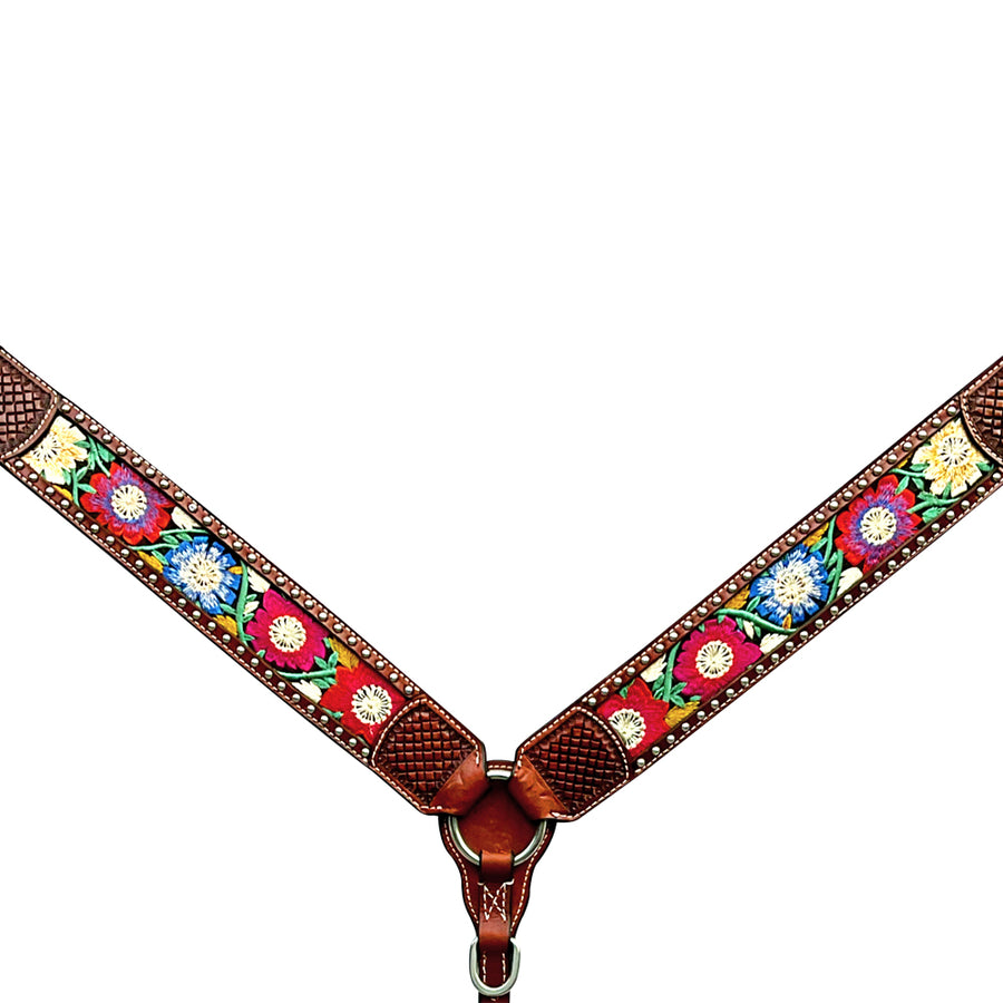 Brown leather breast collar with floral embroidery - Uhorse