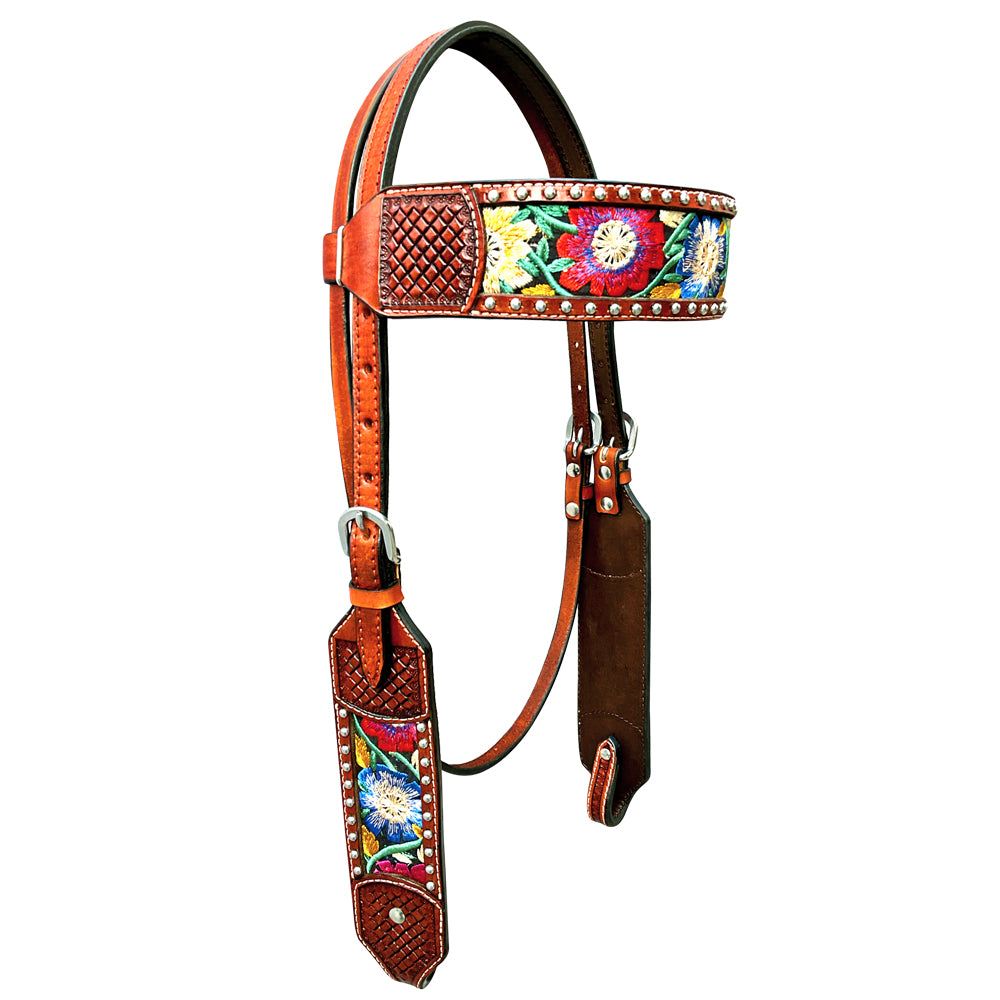 Bar H Equine Horse Genuine Leather embroidery design Breast Collar ,Headstall Brown
