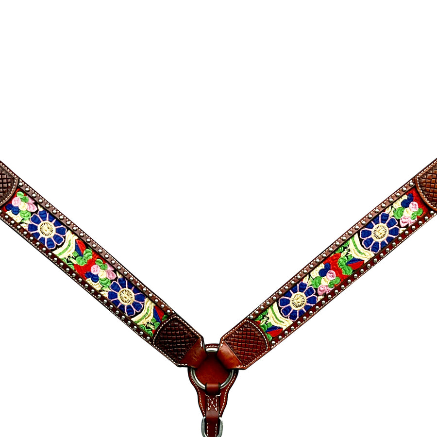 Brown leather horse breast collar with floral embroidered design - Uhorse