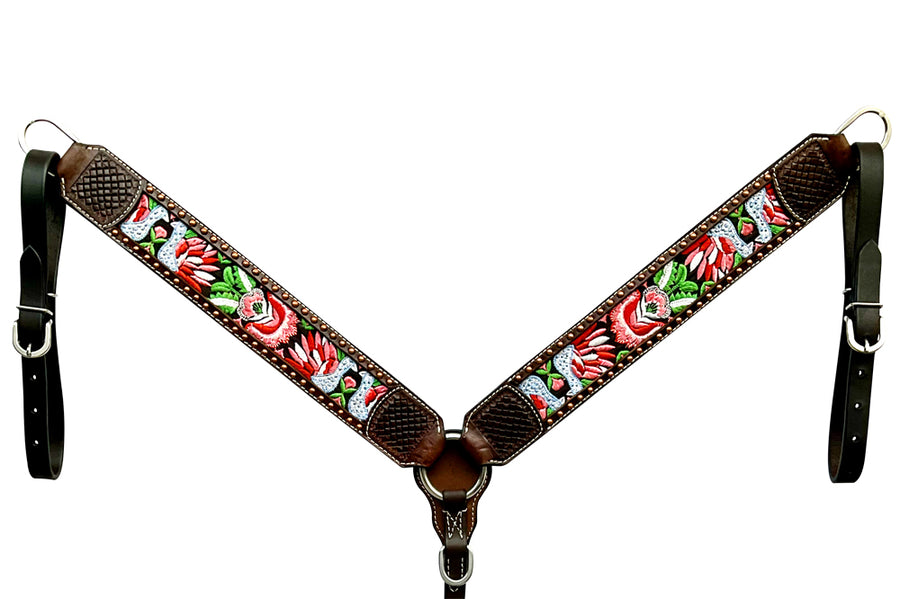 Bar H Equine Horse Genuine Leather embroidery design Breast Collar ,Headstall Brown
