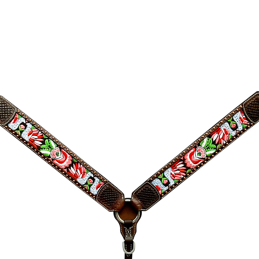 Brown leather breast collar with floral embroidery - Uhorse