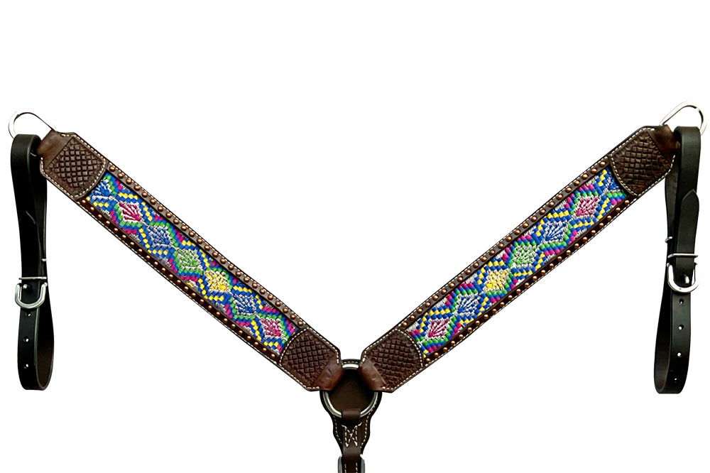 Bar H Equine Horse Genuine Leather embroidery design Breast Collar ,Headstall Brown