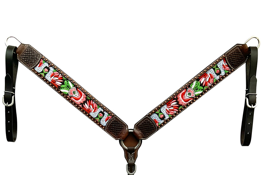 Bar H Equine Horse Genuine Leather embroidery design Breast Collar ,Headstall Brown