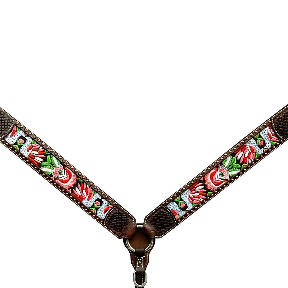 Bar H Equine Horse Genuine Leather embroidery design Breast Collar ,Headstall Brown