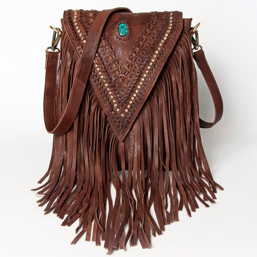 American Darling Messenger Bag - Genuine Vegetable-Tanned Leather Western Purse with Turquoise & Fringes - 14in x 12in