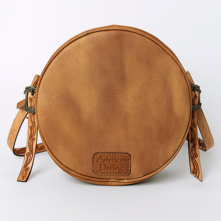 American Darling Canteen Bag, Handcrafted Western Purse, Genuine Leather Hand Tooled Floral Design, Round Crossbody Bag