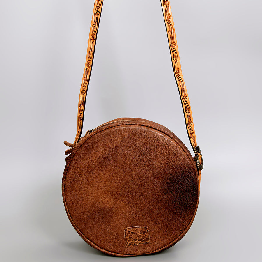American Darling Canteen Bag, Handcrafted Western Purse, Genuine Leather Hand Tooled Floral Design, Round Crossbody Bag