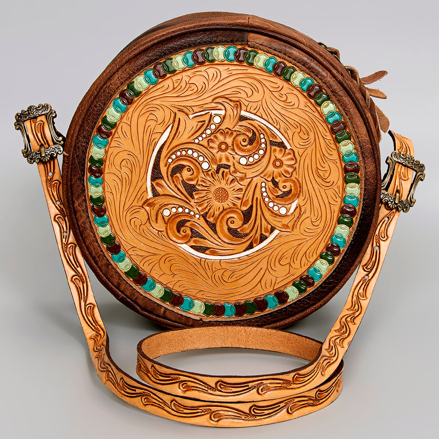 American Darling Canteen Bag, Handcrafted Western Purse, Genuine Leather Hand Tooled Floral Design, Round Crossbody Bag