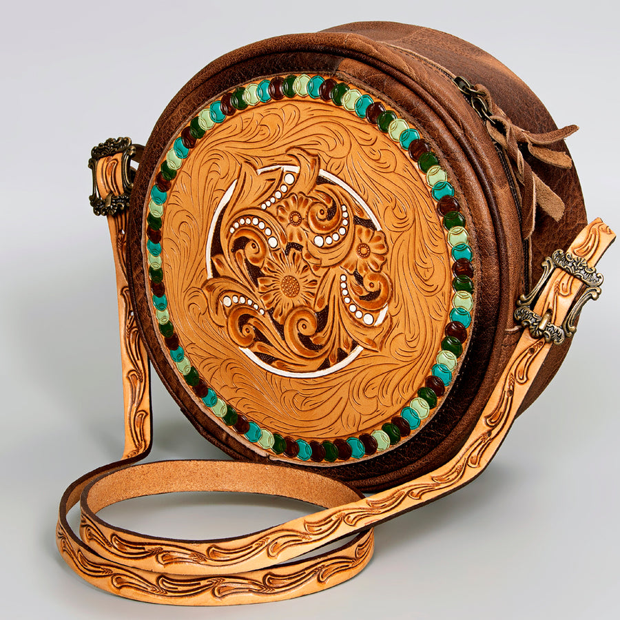 American Darling Western Leather Canteen Bag with Hand Tooled Floral Artistry - Uhorse