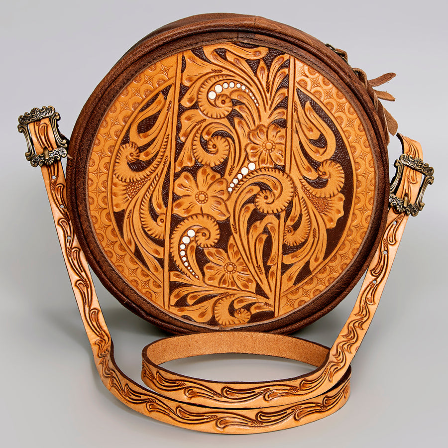 American Darling Canteen Bag, Handcrafted Western Purse, Genuine Leather Hand Tooled Floral Design, Round Crossbody Bag