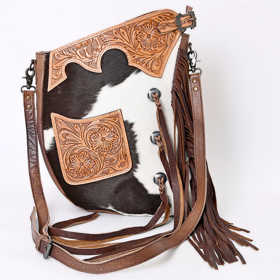 American Darling Large Cross body Bag, Genuine Leather Western Purse with Hair-On Cowhide, Hand Tooled Floral Detail & Fringe