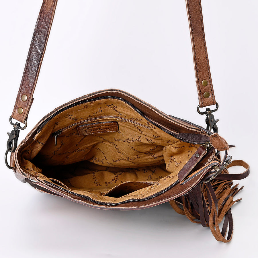 American Darling Large Cross body Bag, Genuine Leather Western Purse with Hair-On Cowhide, Hand Tooled Floral Detail & Fringe