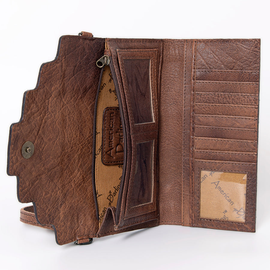 American Darling Wallet, Hair-On Cowhide & Hand Tooled Floral Leather, Genuine Vegetable-Tanned Western Leather Clutch