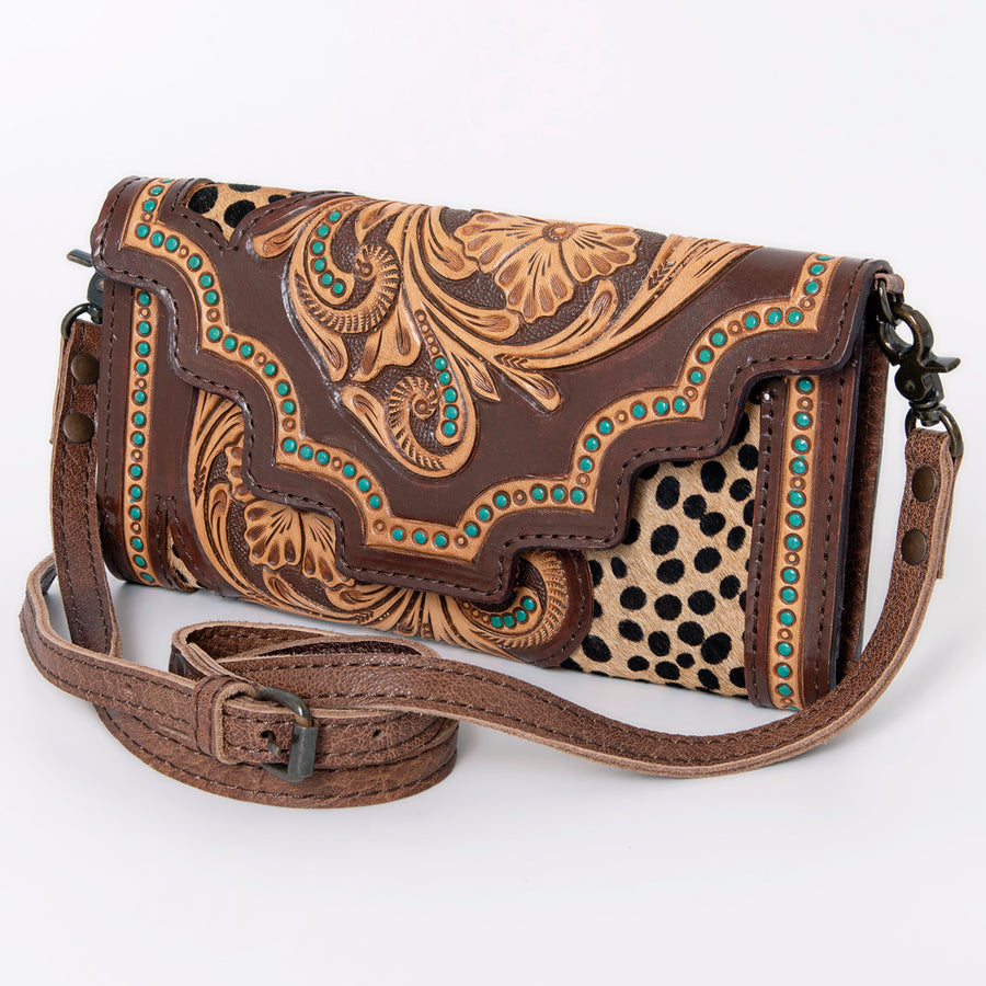 American Darling Handcrafted Hair-On Cowhide Wallet with Hand Tooled Floral Carved Leather - Uhorse