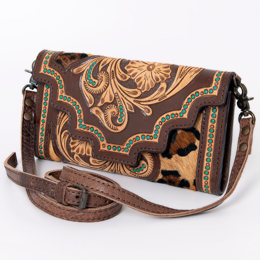 American Darling Handcrafted Hair-On Cowhide Wallet with Hand Tooled Floral Carved Leather - Uhorse