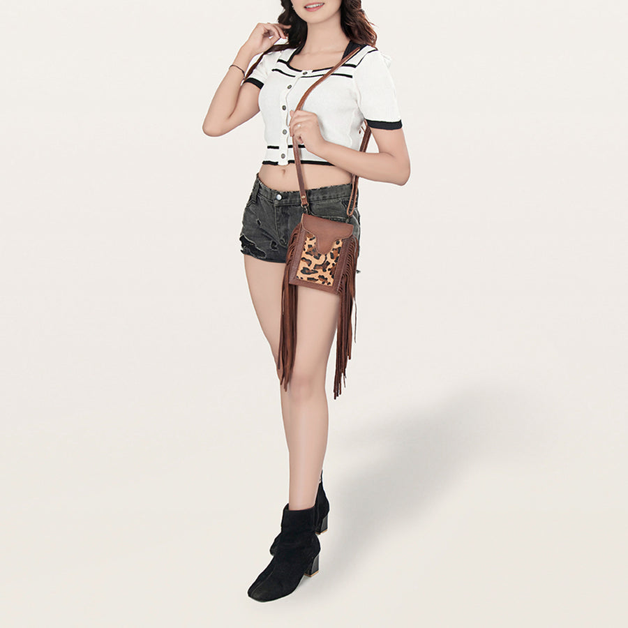 American Darling Cell phone holder, Hair-On Cowhide & Genuine Vegetable-Tanned Leather, Small Western Crossbody Purse