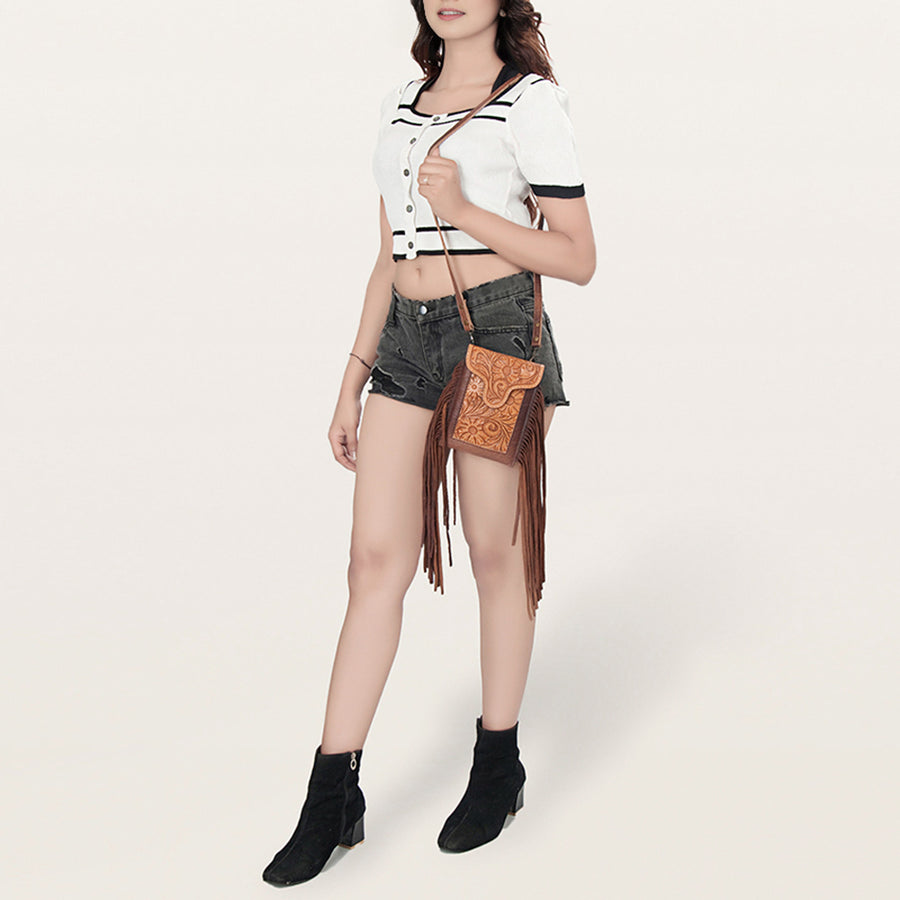 American Darling Cell phone holder, Hair-On Cowhide & Genuine Vegetable-Tanned Leather, Small Western Crossbody Purse