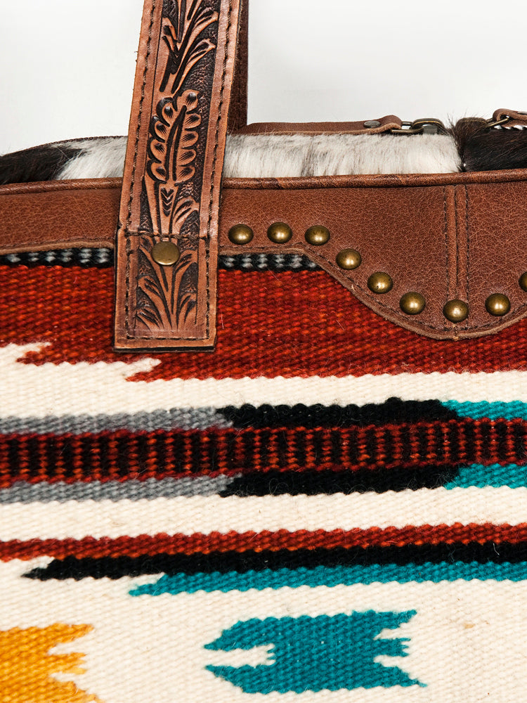 American Darling Duffel Bag, Hand Tooled Floral Leather & Woven Saddle Blanket, Genuine Leather Travel Weekender with Cowhide