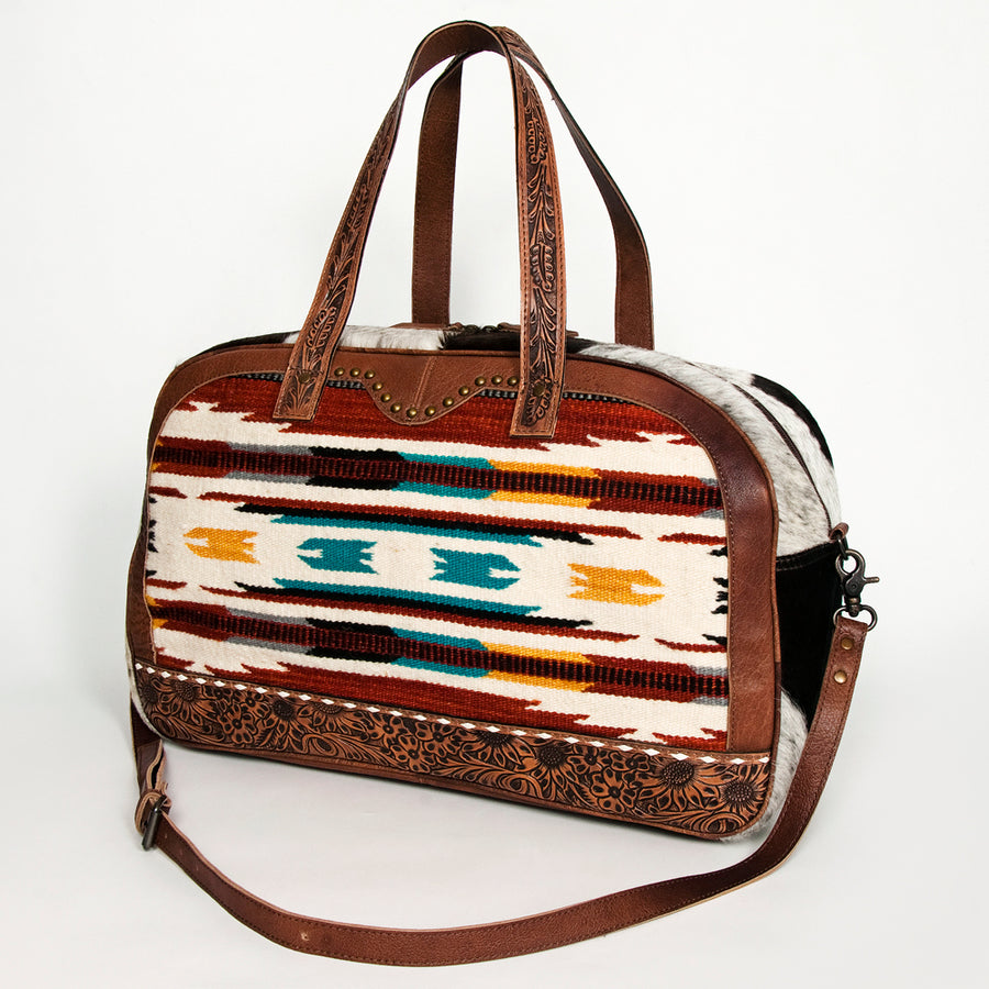 American Darling Handcrafted Western Leather Duffel with Hand Woven Saddle Blanket and Cowhide - Uhorse