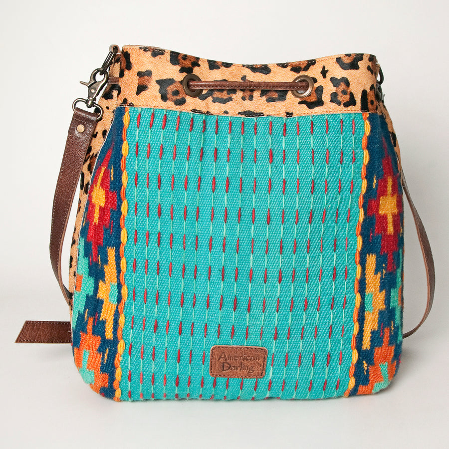 American Darling Bucket Bag Hand Woven Saddle Blanket Hair-On Cowhide Genuine Leather Western Purse with YKK Zipper