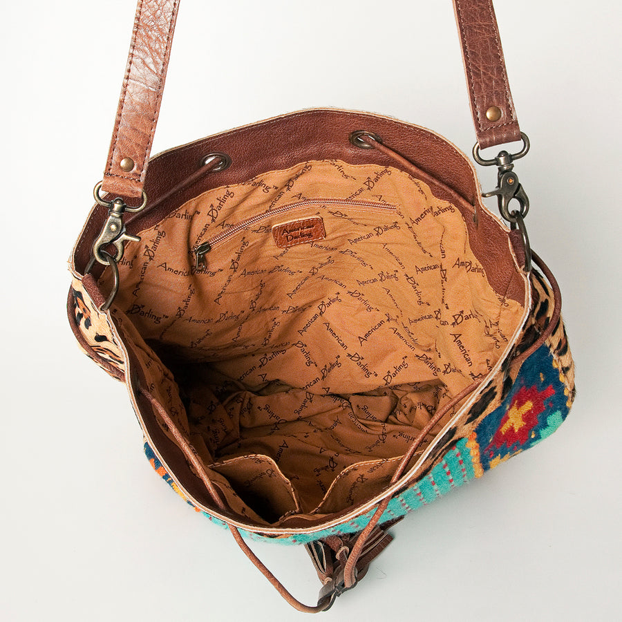 American Darling Bucket Bag Hand Woven Saddle Blanket Hair-On Cowhide Genuine Leather Western Purse with YKK Zipper