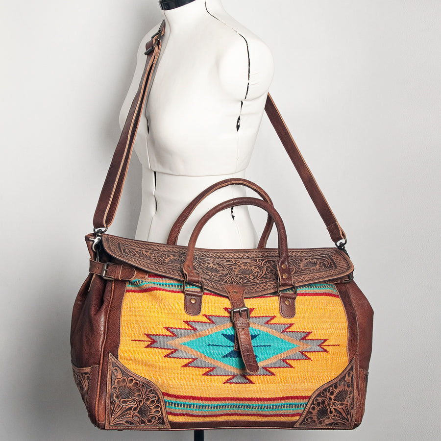 American Darling Duffel Bag Hand Tooled Floral Carved Hair-On Cowhide Genuine Vegetable Tanned Leather Travel Bag YKK Zipper