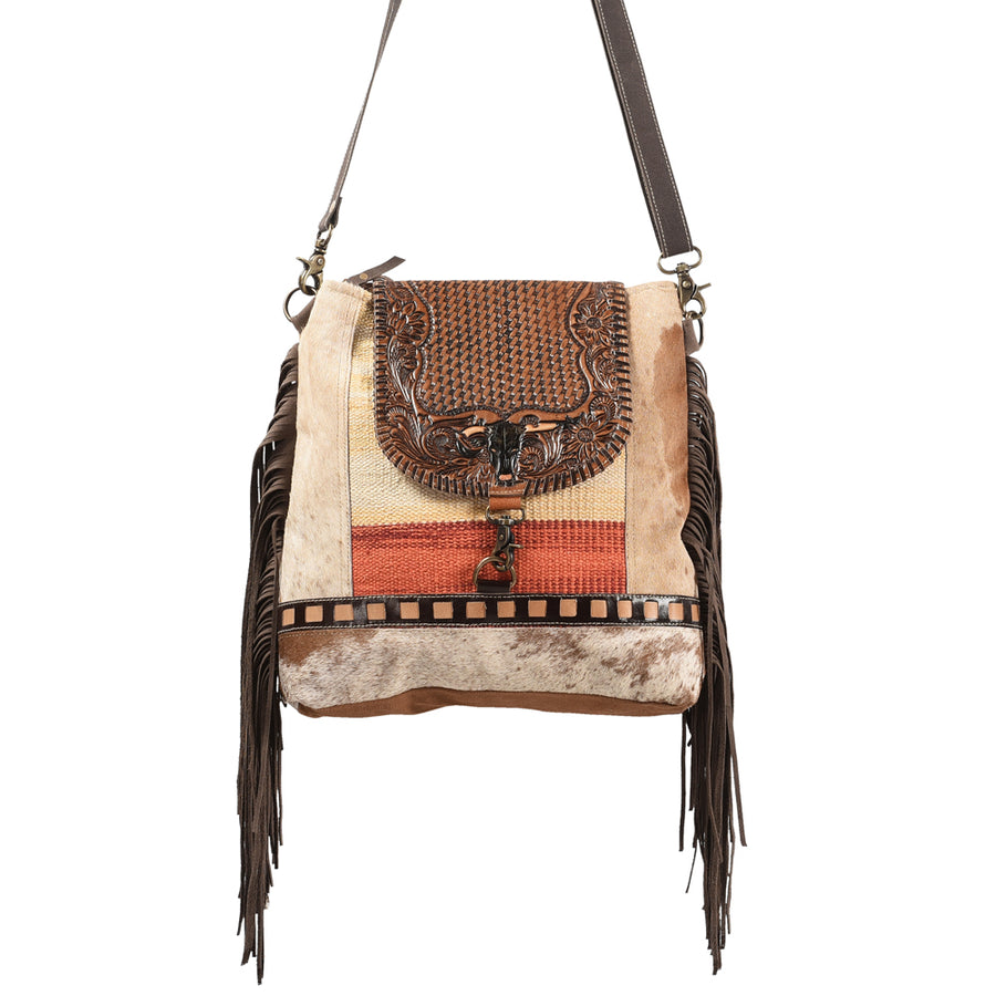 OHLAY Messenger Hand Tooled Upcycled Wool Canvas Hair-On Genuine Leather Women Bag Western Handbag Purse Womens Handbags