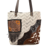 OHLAY KB373 TOTE Hand Tooled Upcycled Wool Canvas Hair-on Genuine Leather women bag western handbag purse