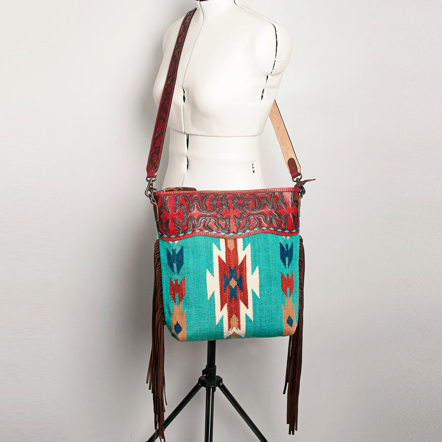American Darling Signature Cross Body Bag Hand Tooled Floral Carved Leather Woven Saddle Blanket Fringes Genuine Leather