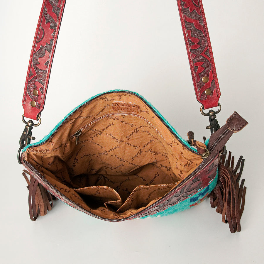 American Darling Signature Cross Body Bag Hand Tooled Floral Carved Leather Woven Saddle Blanket Fringes Genuine Leather