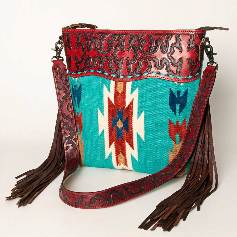 American Darling Signature Cross Body Bag - Hand Tooled Floral Leather and Woven Saddle Blanket - Uhorse