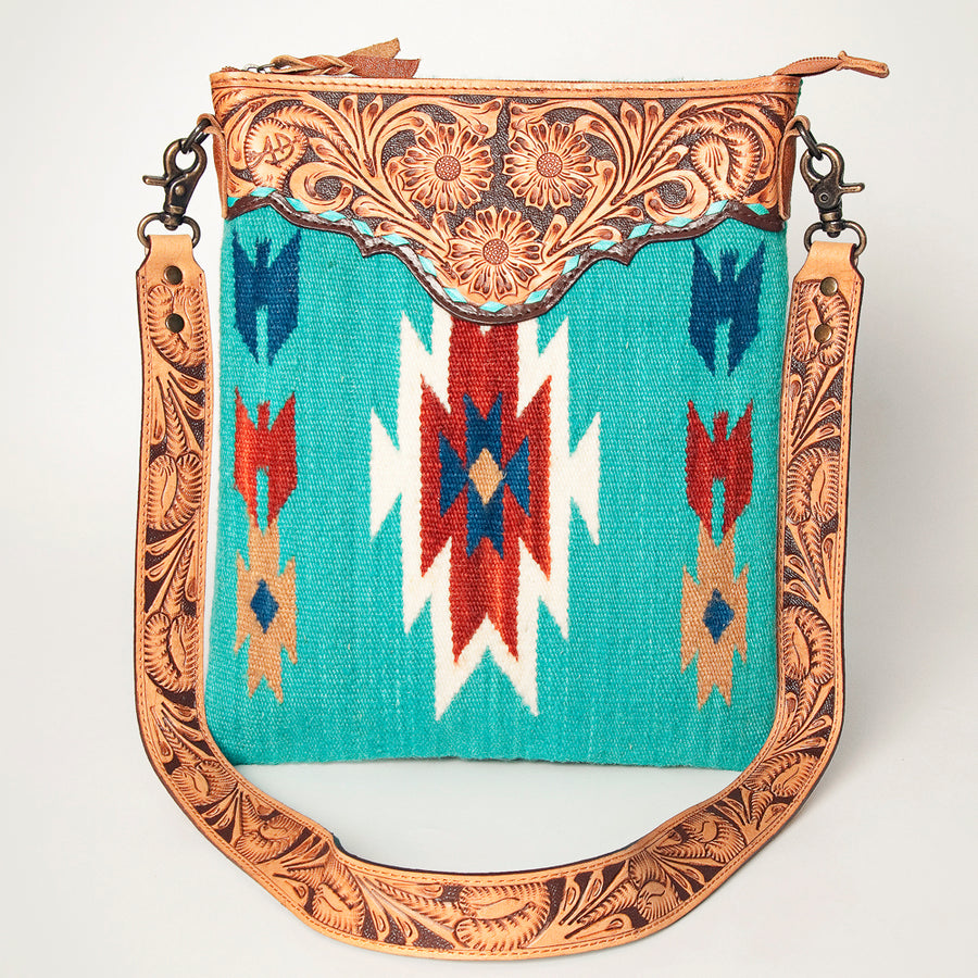 American Darling Large Cross body Bag Hand Tooled Floral Carved Genuine Leather Hand Woven Saddle Blanket Western Purse for Women