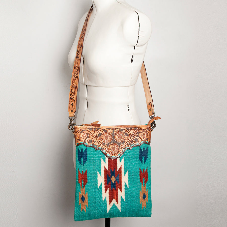 American Darling Large Cross body Bag Hand Tooled Floral Carved Genuine Leather Hand Woven Saddle Blanket Western Purse for Women
