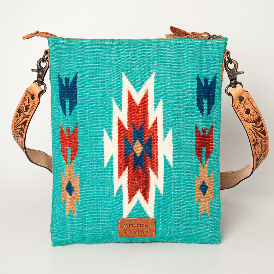 American Darling Large Cross body Bag Hand Tooled Floral Carved Genuine Leather Hand Woven Saddle Blanket Western Purse for Women
