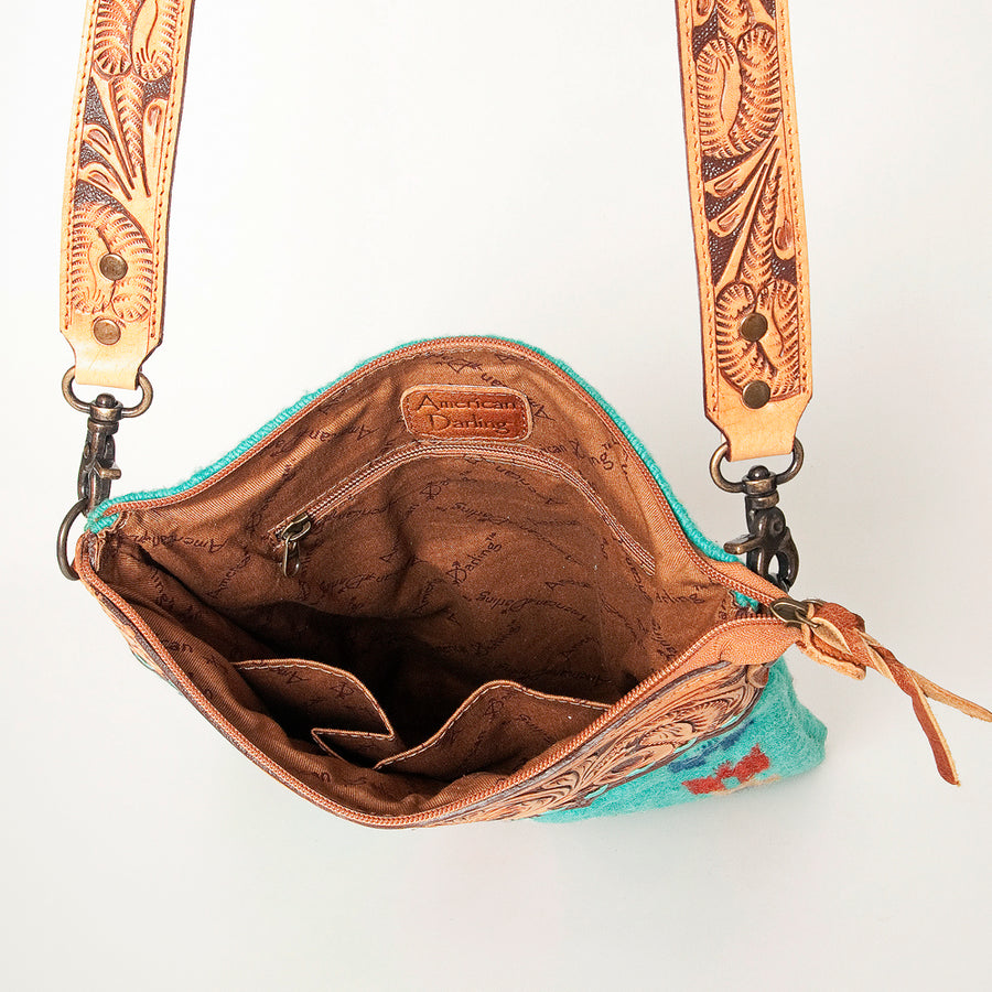 American Darling Large Cross body Bag Hand Tooled Floral Carved Genuine Leather Hand Woven Saddle Blanket Western Purse for Women