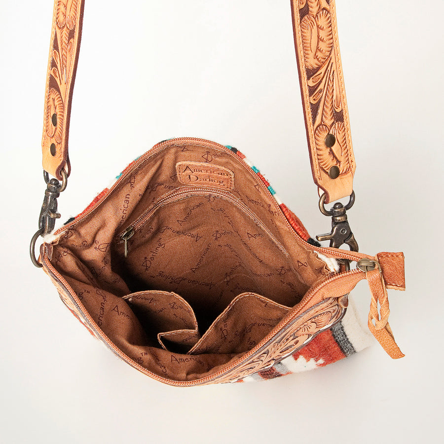 American Darling Large Cross body Bag Hand Tooled Floral Carved Genuine Leather Hand Woven Saddle Blanket Western Purse for Women