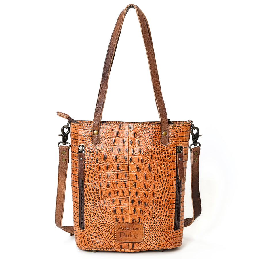 American Darling Western Leather Tote Bag, Crocodile Embossed Full Grain Genuine Leather, Eco-Friendly Handcrafted Purses