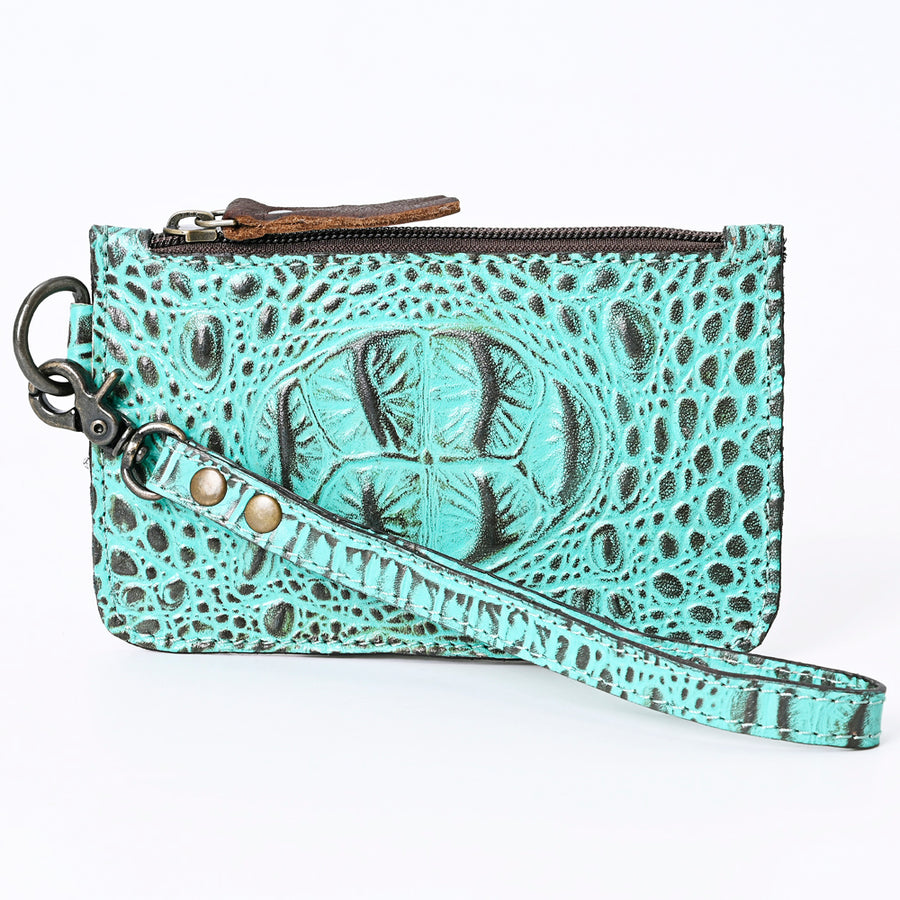 American Darling Western Leather Wristlet Bag, Crocodile Embossed Full Grain Genuine Leather, Eco-Friendly Artisan Clutch