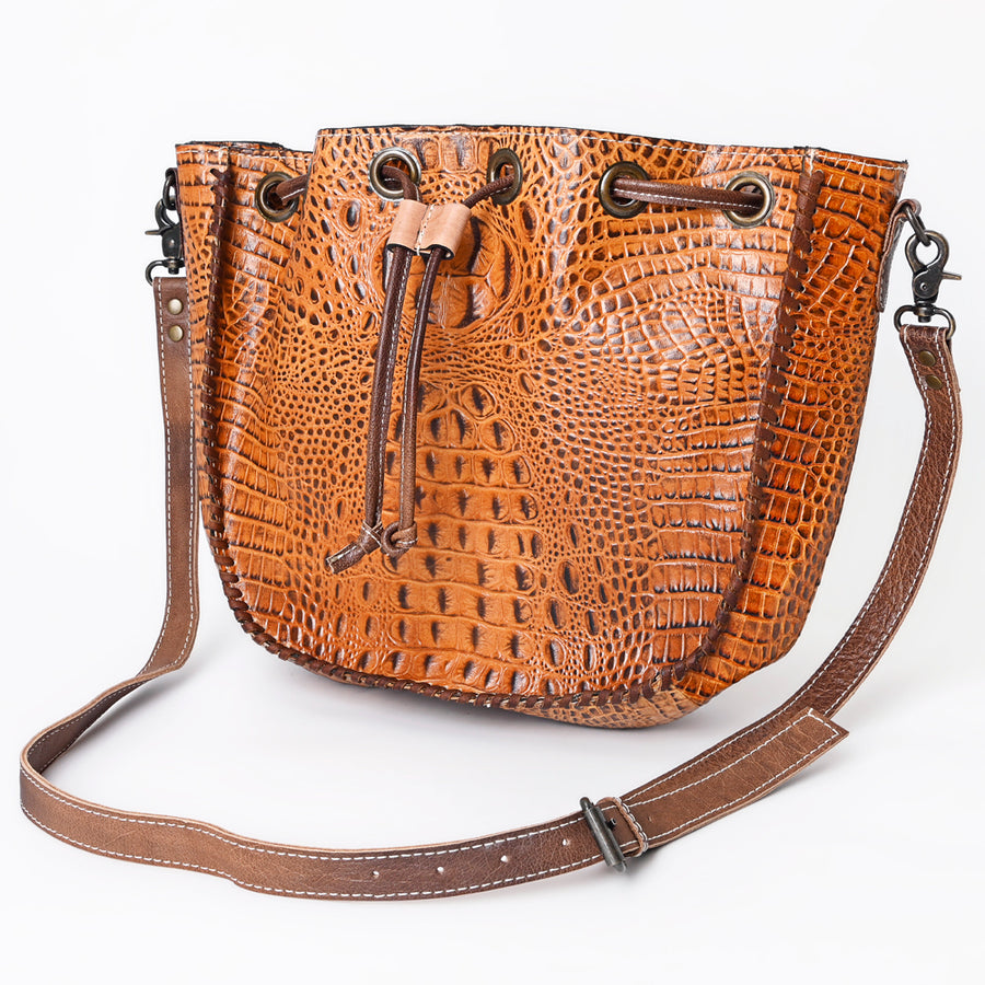 American Darling Western Bucket Bag, Crocodile Embossed Full Grain Genuine Leather, Eco-Friendly Drawstring Purse