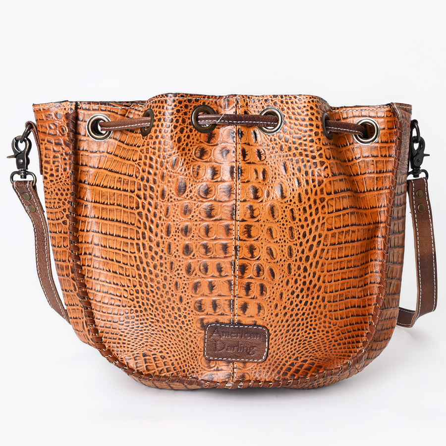 American Darling Western Bucket Bag, Crocodile Embossed Full Grain Genuine Leather, Eco-Friendly Drawstring Purse