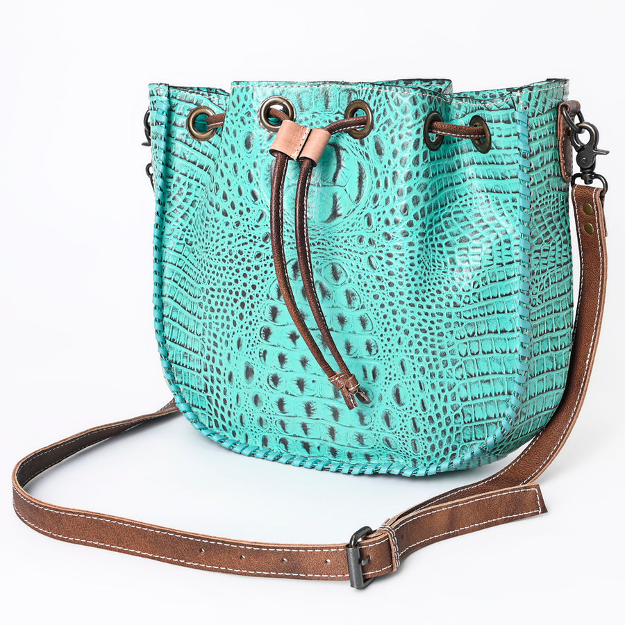 American Darling Western Bucket Bag, Crocodile Embossed Full Grain Genuine Leather, Eco-Friendly Drawstring Purse