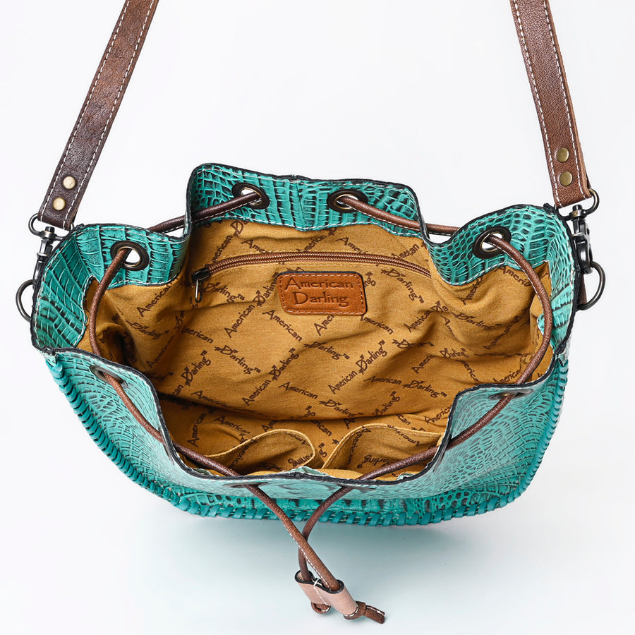 American Darling Western Bucket Bag, Crocodile Embossed Full Grain Genuine Leather, Eco-Friendly Drawstring Purse