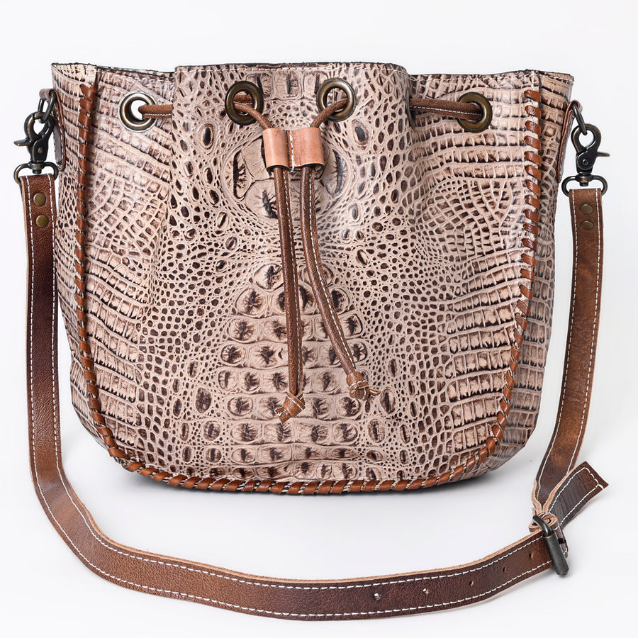American Darling Western Bucket Bag, Crocodile Embossed Full Grain Genuine Leather, Eco-Friendly Drawstring Purse