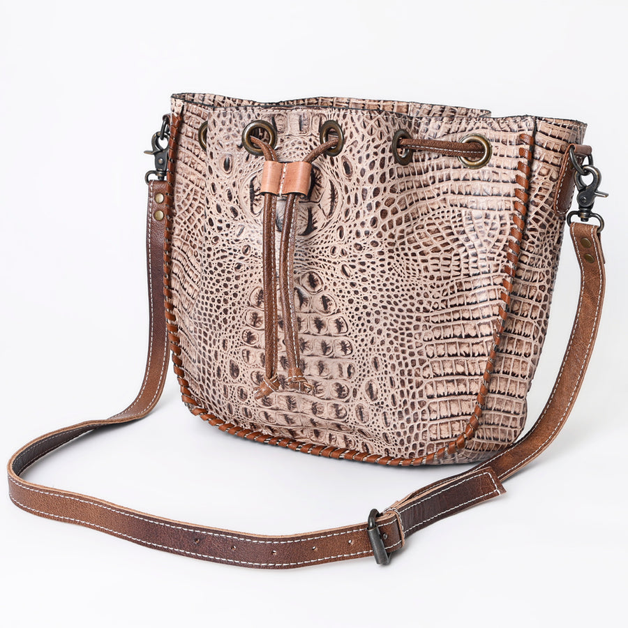 American Darling Western Bucket Bag, Crocodile Embossed Full Grain Genuine Leather, Eco-Friendly Drawstring Purse
