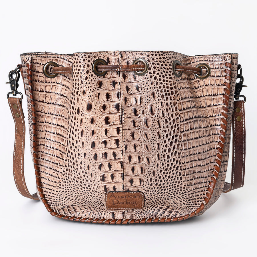 American Darling Western Bucket Bag, Crocodile Embossed Full Grain Genuine Leather, Eco-Friendly Drawstring Purse