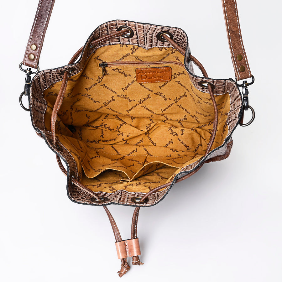 American Darling Western Bucket Bag, Crocodile Embossed Full Grain Genuine Leather, Eco-Friendly Drawstring Purse