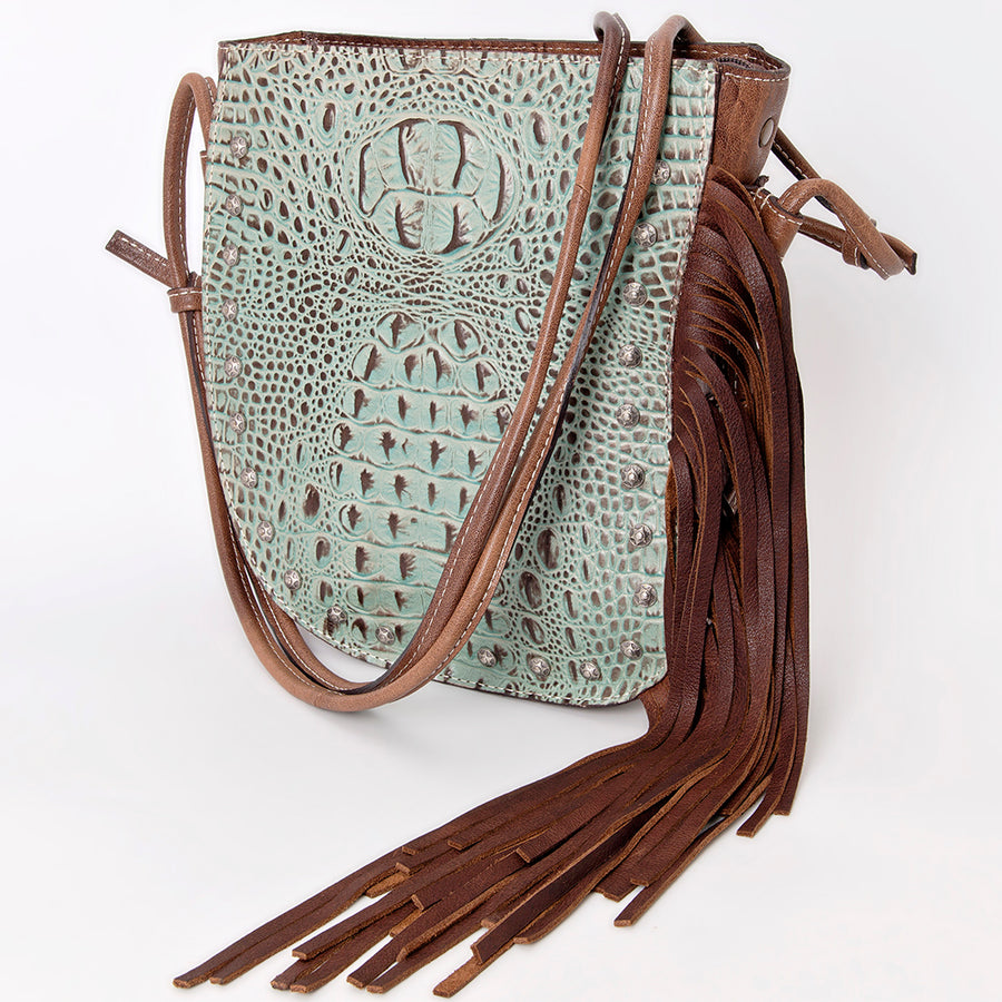 American Darling Western Tote Bag, Crocodile Embossed Full Grain Genuine Leather with Fringes, Eco-Friendly Handcrafted Purse