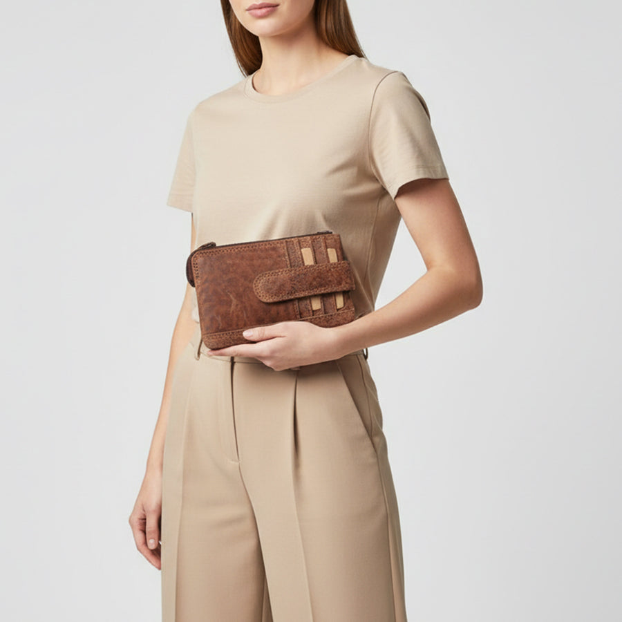 Spaghetti Western Swc456Brn Wallet Vintage Handmade Drum Dyed Genuine European Cowhide Leather Women Bag Western Handbag Purse