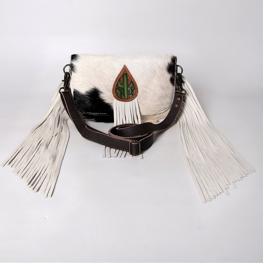 Ohlay Hair-On Leather Crossbody Purse Cactus Inlay White Fringe Handbag